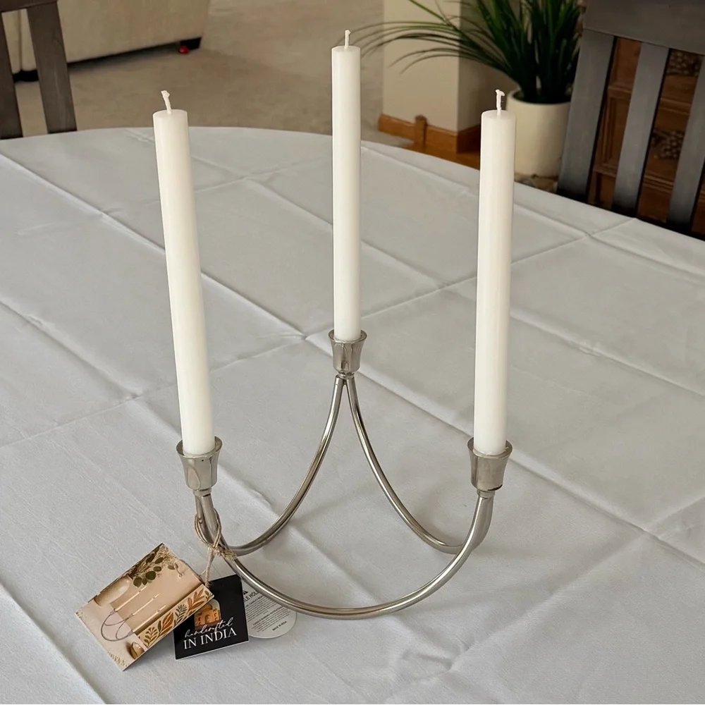 Modern Silver 3-Arm Candelabra Candle Holder, Made in India